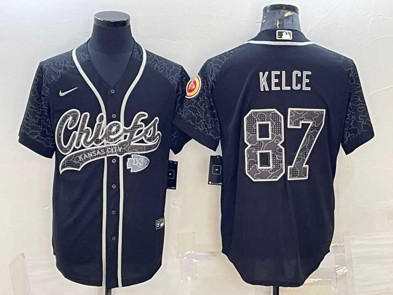 Mens Kansas City Chiefs #87 Travis Kelce Black Reflective With Patch Cool Base Stitched Baseball Jersey